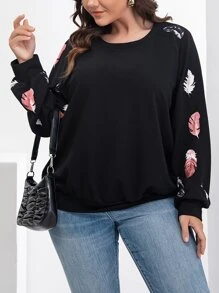 SHEIN LUNE Sudadera con estampado de pluma de manga raglán - Negro - Ver 5