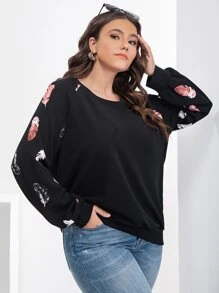 SHEIN LUNE Sudadera con estampado de pluma de manga raglán - Negro - Ver 6