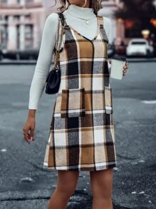 SHEIN LUNE Vestido overol con estampado de cuadros con doble bolsillo sin jersey - Multicolor - Ver 3