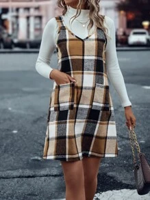 SHEIN LUNE Vestido overol con estampado de cuadros con doble bolsillo sin jersey - Multicolor - Ver 6
