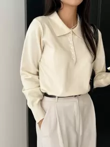 DAZY Polo領條紋針織套頭毛衣 - 杏色 - 查看 1