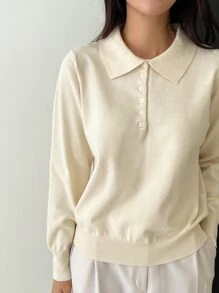 DAZY Polo領條紋針織套頭毛衣 - 杏色 - 查看 5