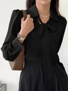DAZY Solid Tie Neck Puff Sleeve Blouse - Black - View 1