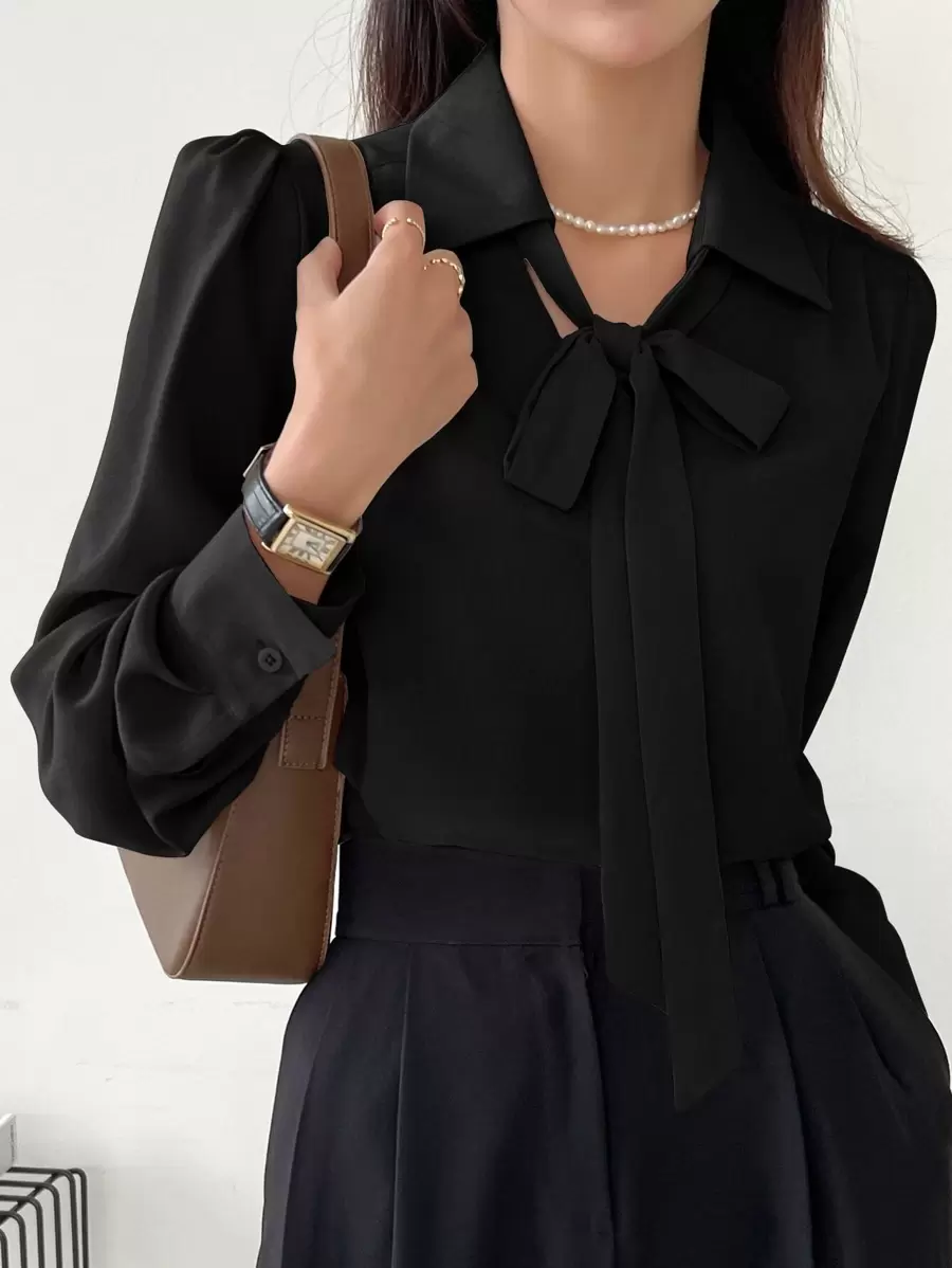 DAZY Solid Tie Neck Puff Sleeve Blouse - Black - View 1