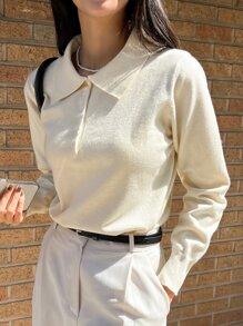 DAZY Polo領條紋針織套頭毛衣 - 杏色 - 查看 8