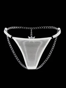 Butterfly & Chain Detail Mesh Thong - White - View 1
