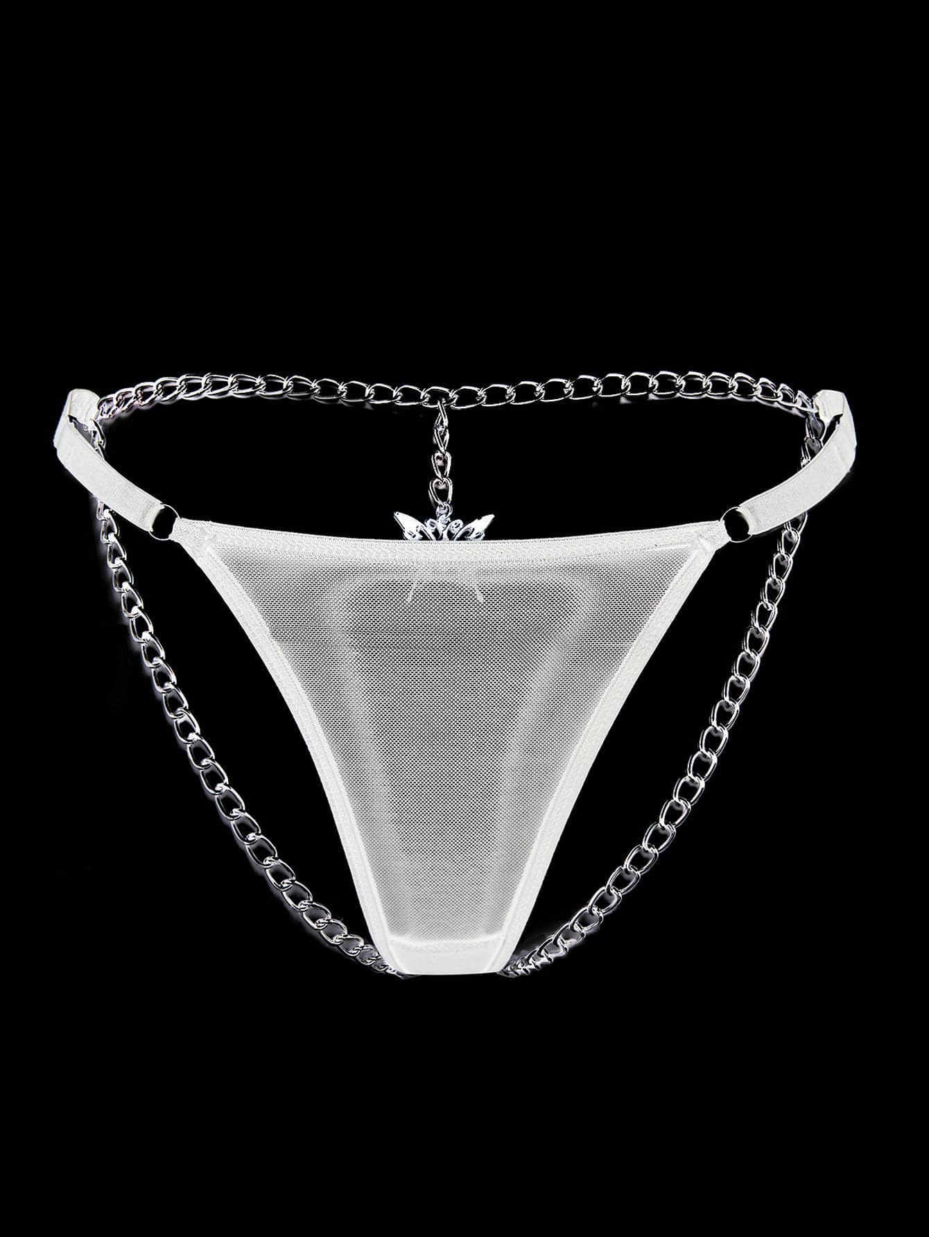 Butterfly & Chain Detail Mesh Thong - White - View 1