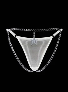 Butterfly & Chain Detail Mesh Thong - White - View 2