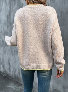SHEIN LUNE Contrast Trim Drop Shoulder Jumper - Apricot - View 2