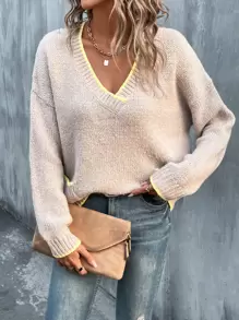 SHEIN LUNE Contrast Trim Drop Shoulder Jumper - Apricot - View 4
