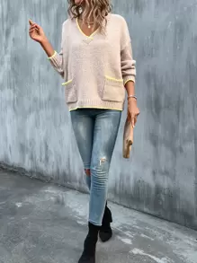 SHEIN LUNE Contrast Trim Drop Shoulder Jumper - Apricot - View 6