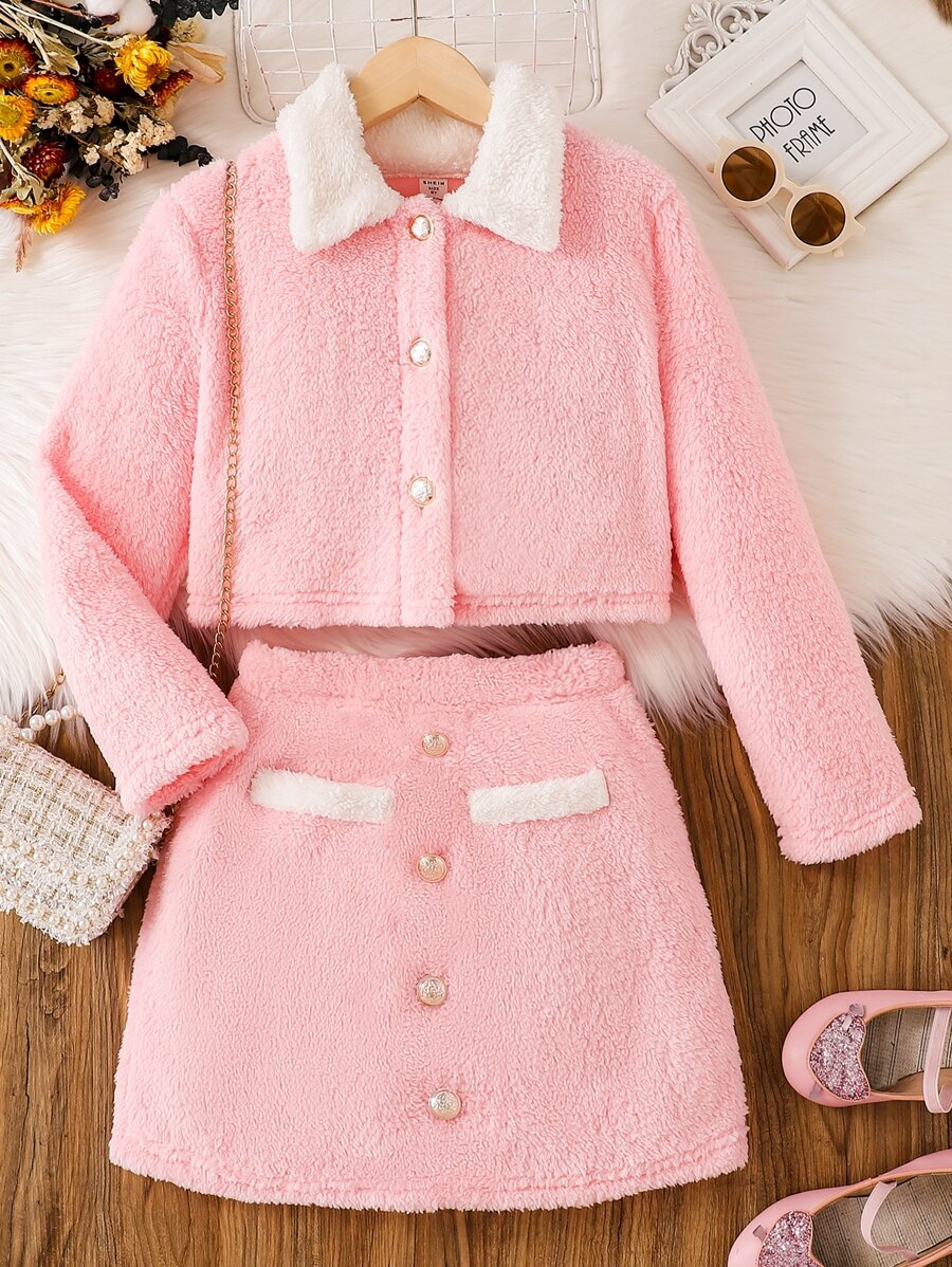 Girls Contrast Collar Teddy Jacket & Skirt - Pink - View 1
