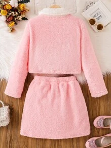 Girls Contrast Collar Teddy Jacket & Skirt - Pink - View 2