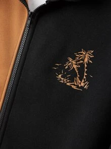 Manfinity Hypemode 男士雙色字母和熱帶圖案拉鏈開襟保暖連帽衫不帶T恤 - 彩色 - 查看 4