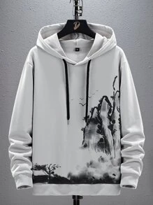 Manfinity Homme 男士山水圖案抽繩連帽衫 - 淺灰色 - 查看 1