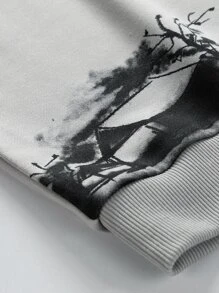 Manfinity Homme 男士山水圖案抽繩連帽衫 - 淺灰色 - 查看 3