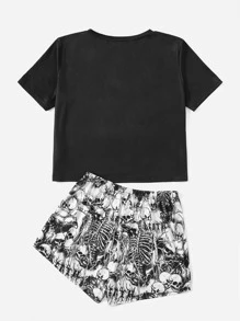 ROMWE Goth Letter Skull Graphic Pajama Set - Black and White - View 2