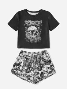 ROMWE Goth Letter Skull Graphic Pajama Set - Black and White - View 3