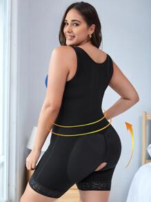 Plus Zip Front Lace Trim Crotchless Shapewear Romper Without Liner - Black - View 2