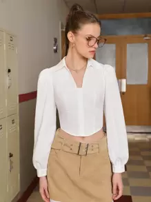 SHEIN MOD V-Neck Split Herringbone Line Lantern Sleeve Button Front Shirt - White - View 2