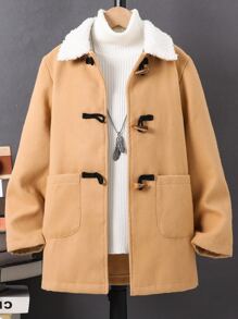 Boys 1pc Borg Collar Duffle Overcoat - Khaki - View 1