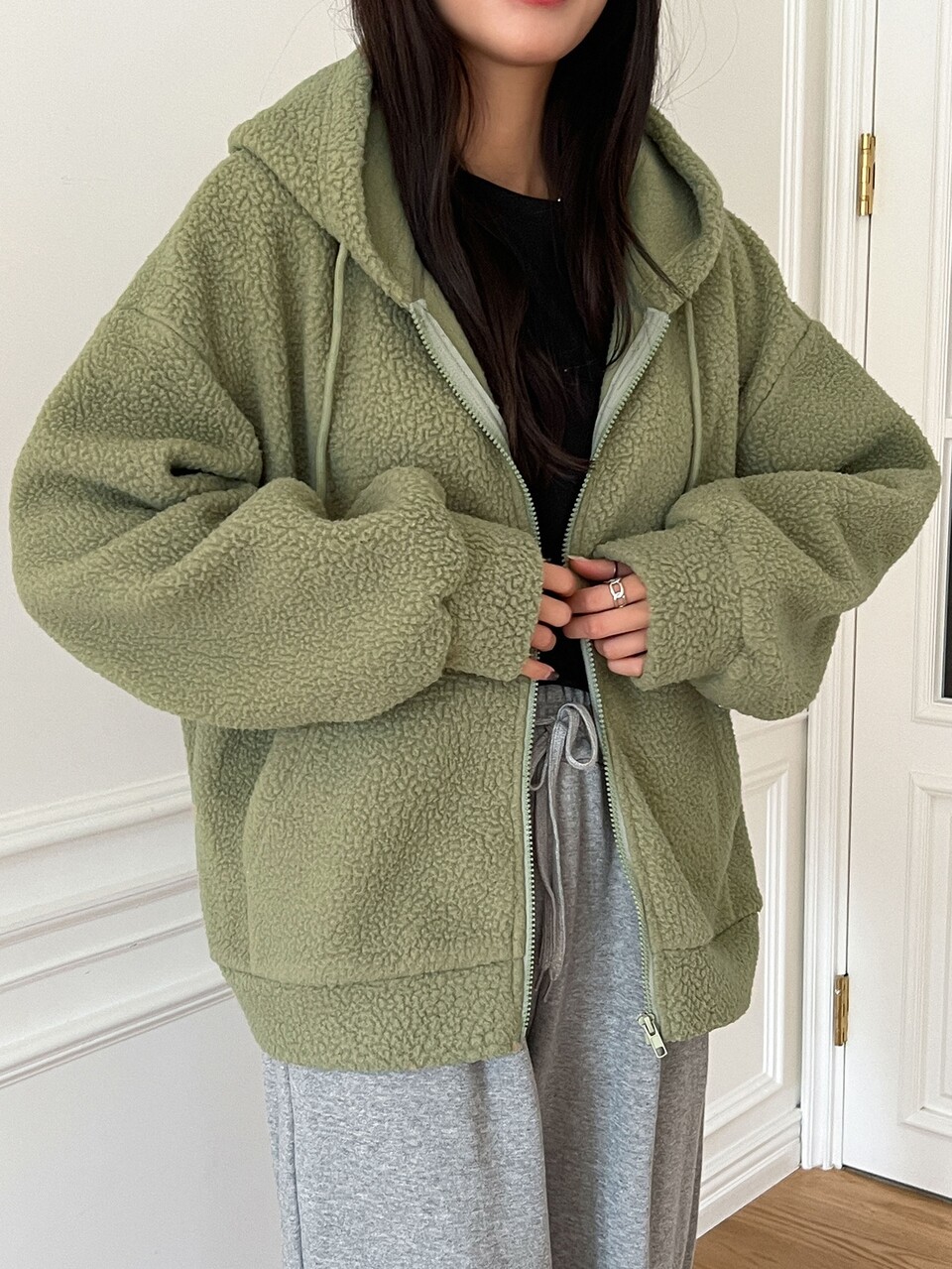Drop Shoulder Drawstring Hooded Teddy Jacket