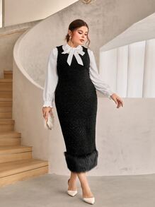 Modelyn Plus 1pc Fuzzy Hem Split Back Tank Dress Without Shirt - Black - View 1