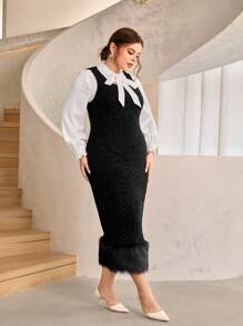 Modelyn Plus 1pc Fuzzy Hem Split Back Tank Dress Without Shirt - Black - View 2