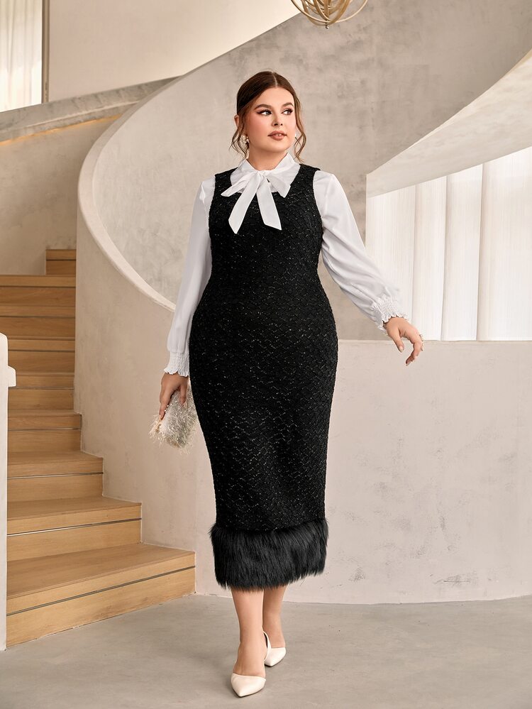 Modelyn Plus 1pc Fuzzy Hem Split Back Tank Dress Without Shirt - Black - View 4