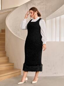 Modelyn Plus 1pc Fuzzy Hem Split Back Tank Dress Without Shirt - Black - View 5