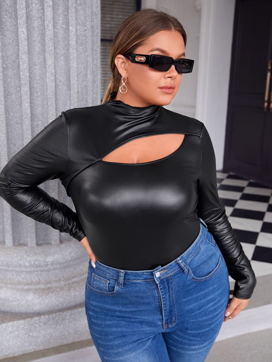SHEIN BAE Áo thun Plus size Cắt ra màu trơn Giải trí - màu đen - Xem 1