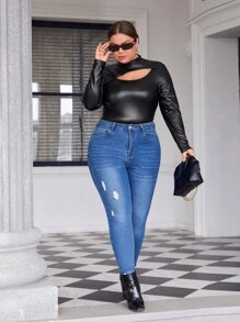 SHEIN BAE Plus Cut Out Mock Neck PU Leather Tee - Black - View 4