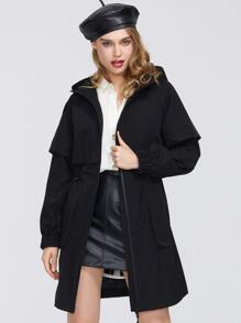 MIEGOFCE Zip Up Drawstring Waist Hooded Trench Coat - Black - View 1