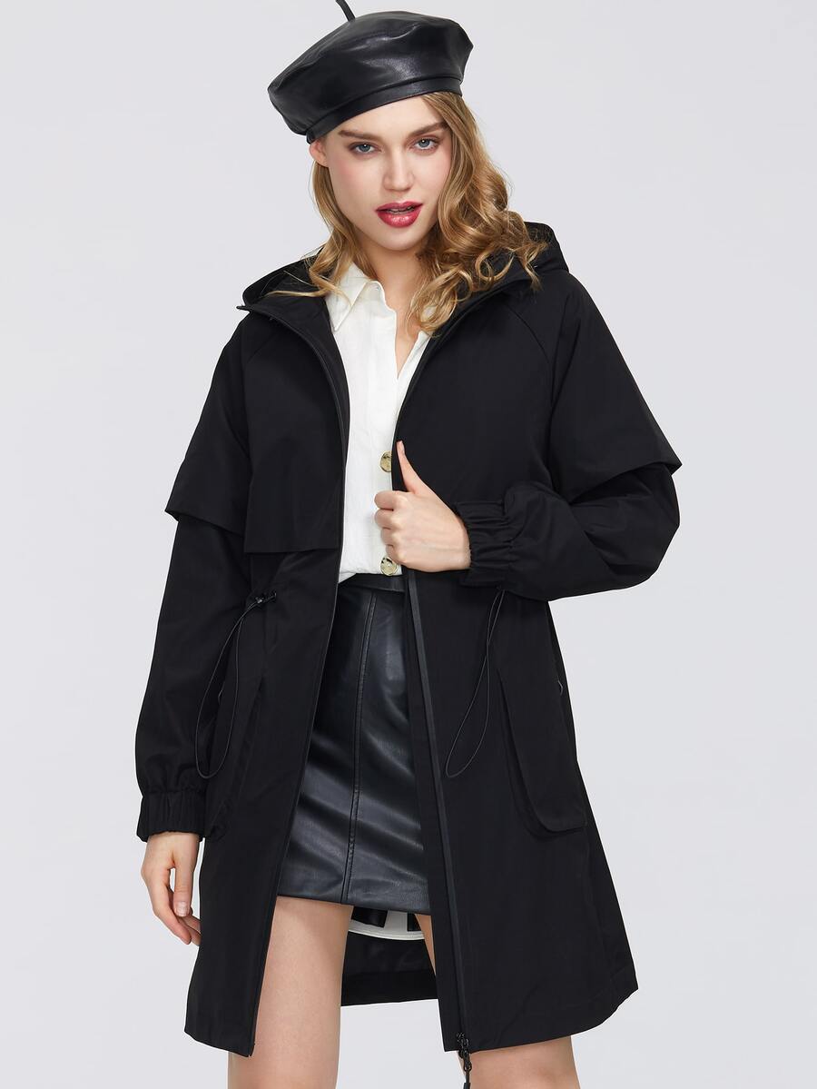 MIEGOFCE Zip Up Drawstring Waist Hooded Trench Coat - Black - View 1