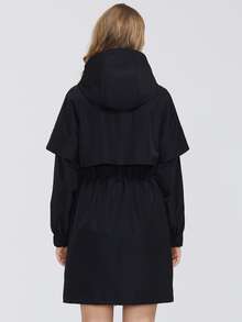 MIEGOFCE Zip Up Drawstring Waist Hooded Trench Coat - Black - View 2