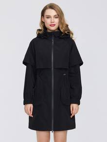 MIEGOFCE Zip Up Drawstring Waist Hooded Trench Coat - Black - View 4
