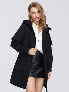 MIEGOFCE Zip Up Drawstring Waist Hooded Trench Coat - Black - View 5