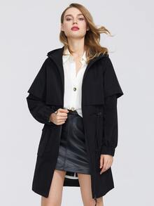 MIEGOFCE Zip Up Drawstring Waist Hooded Trench Coat - Black - View 6