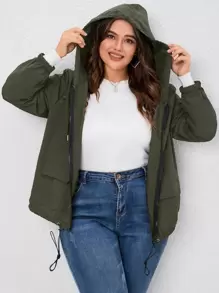 SHEIN LUNE 加大拉链抽绳下摆连帽夹克 - 軍綠色 - 查看 1