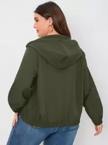 SHEIN LUNE 加大拉链抽绳下摆连帽夹克 - 軍綠色 - 查看 2