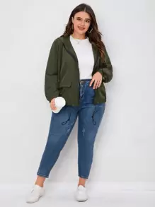 SHEIN LUNE 加大拉链抽绳下摆连帽夹克 - 軍綠色 - 查看 4