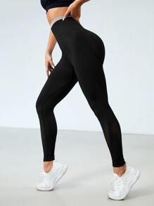 寬版腰帶柔軟運動打底褲 - 黑色 - 查看 2