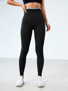 寬版腰帶柔軟運動打底褲 - 黑色 - 查看 5