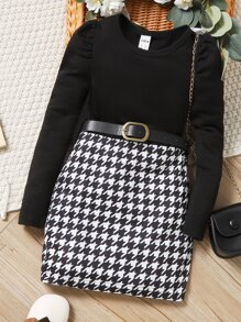 SHEIN 年轻女孩黑色罗纹针织长袖拼布千鸟格印花连衣裙，优雅复古可爱风格，全年流行 - 黑與白 - 查看 1