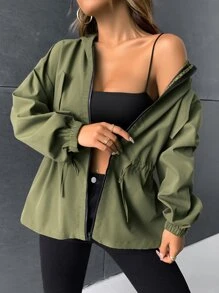 SHEIN EZwear 拉鏈開襟腰部抽繩連帽夾克