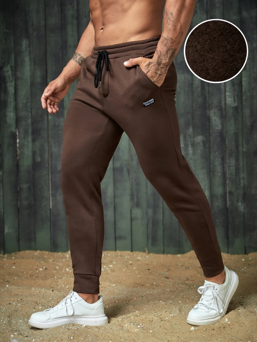 GENTILAND Men Patched Detail Drawstring Waist Joggers - Coffee Brown - View 1