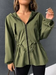 SHEIN EZwear 拉鏈開襟腰部抽繩連帽夾克