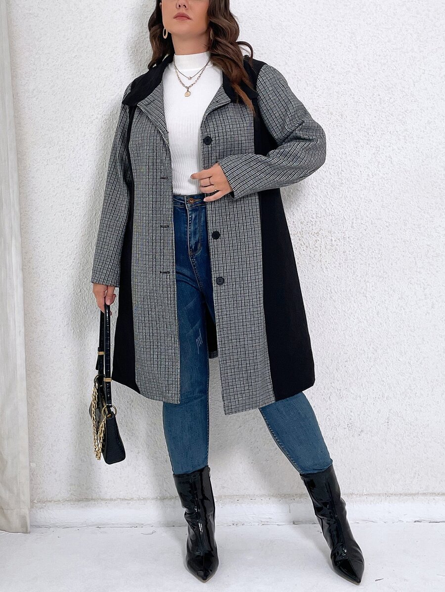 Abrigo con patrón de cuadros de color combinado - Multicolor - Ver 1