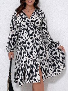 SHEIN LUNE Plus Allover Print Lantern Sleeve Knot Side Wrap Dress - Black and White - View 1