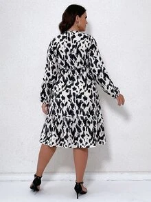 SHEIN LUNE Plus Allover Print Lantern Sleeve Knot Side Wrap Dress - Black and White - View 2